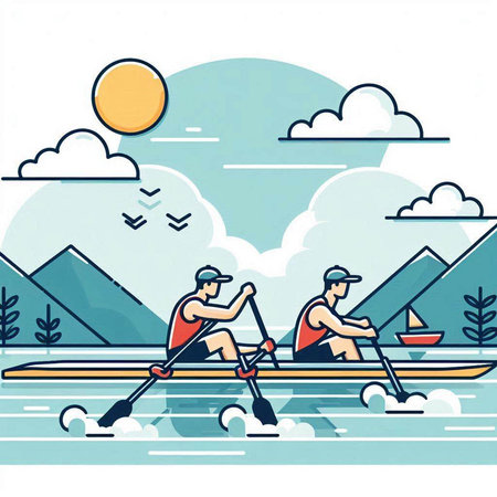 Two men are rowing on the lake. Flat style vector illustration.のイラスト素材