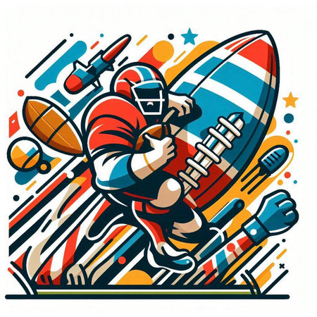 Cartoon illustration of a cricket player running with bat and rugby ballのイラスト素材