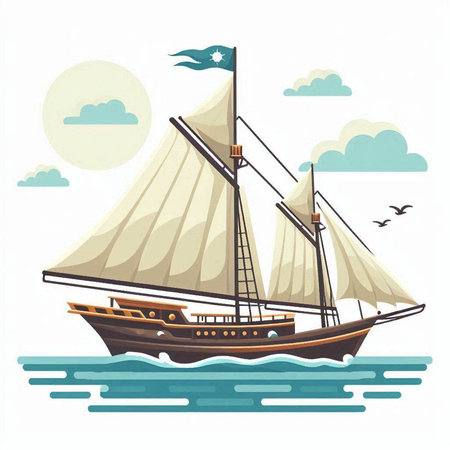 Sailing ship in the sea. Vector illustration in cartoon style.のイラスト素材