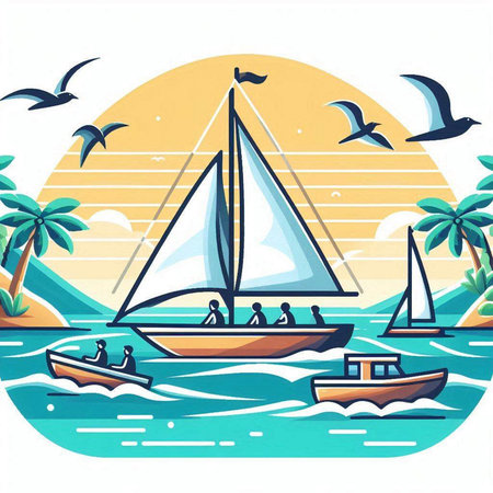 Vector illustration of a sailboat on the sea with palm trees.のイラスト素材