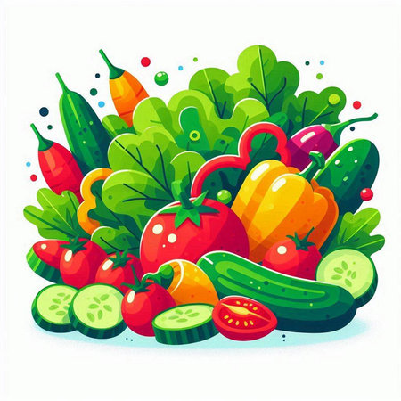 Vegetables vector illustration. Cucumber, tomato, pepper, cucumberのイラスト素材