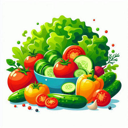 Fresh vegetables in a bowl isolated on white background. Vector illustration.のイラスト素材