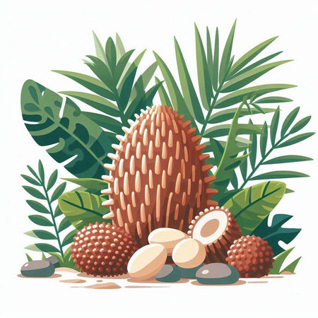 Coconut fruit vector illustration. Exotic tropical palm tree, exotic palm leaves.のイラスト素材