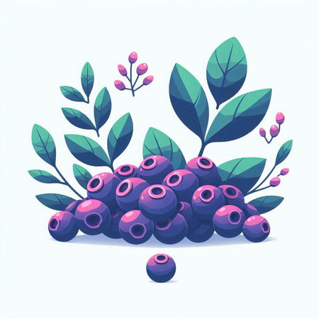 Bunch of ripe blueberries with green leaves. Vector illustration.のイラスト素材