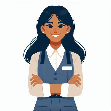 Portrait of smiling young businesswoman with folded hands. Vector illustration.のイラスト素材