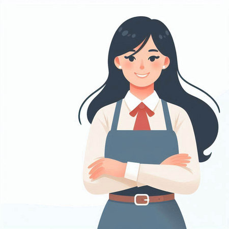 Portrait of a young waitress standing with crossed arms. Vector illustration in cartoon style.のイラスト素材