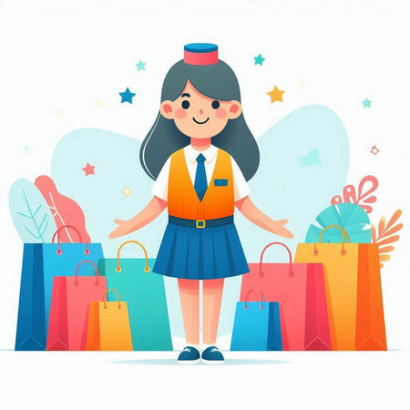 Girl with shopping bags. Cute cartoon character. Vector illustration.のイラスト素材