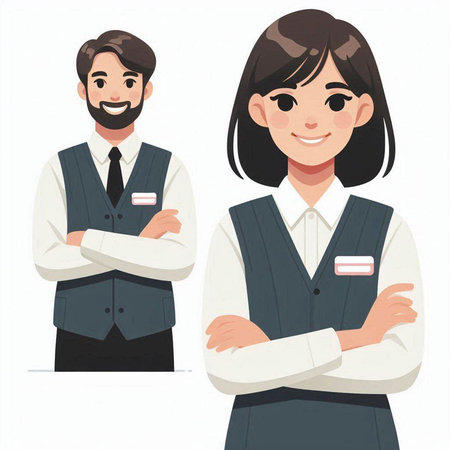 Couple of male and female receptionist in uniform. Vector illustrationのイラスト素材