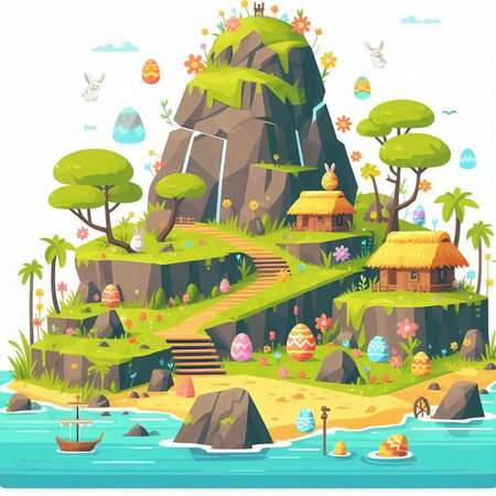 Seamless vector illustration of an island in the sea with a cave, a house, a tree, a basket with eggs, a windmill, a ship, a lantern, a bird.のイラスト素材
