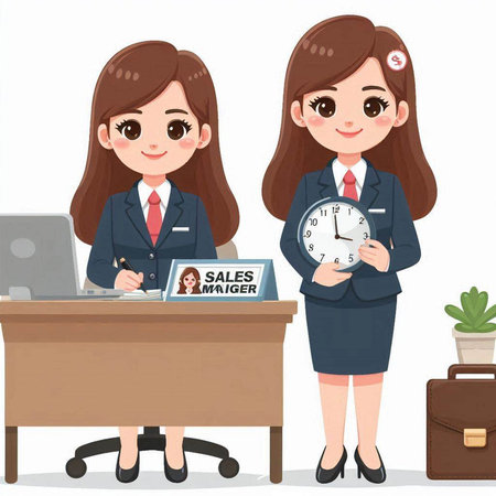 Young businesswoman with clock and briefcase in office. Vector illustration.のイラスト素材