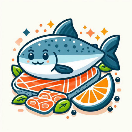 Vector illustration of a cute cartoon fish with pieces of salmon, lemon, lime, orange.のイラスト素材