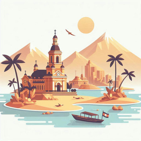Tropical island with church, palm trees and boats. Vector illustrationのイラスト素材