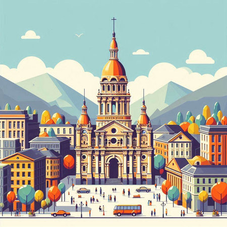 Stock illustration. People on the background of the Cathedral of the Assumption of the Blessed Virgin Mary in Sofia, Bulgaria.のイラスト素材