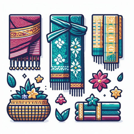 Vector set of hand-drawn scarves, towels, baskets with flowersのイラスト素材