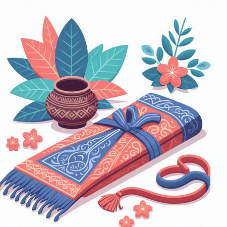 Beautiful colorful illustration of a gift with a blue bow and a decorative pattern.のイラスト素材