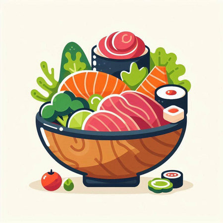 Salmon sushi in a bowl. Japanese food. Vector illustration.のイラスト素材