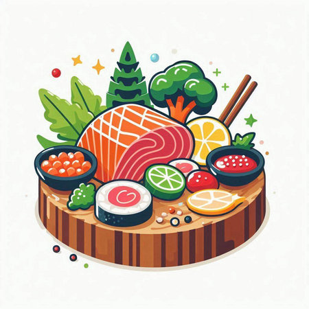 Vector illustration of japanese food, sushi and rolls on wooden board.のイラスト素材