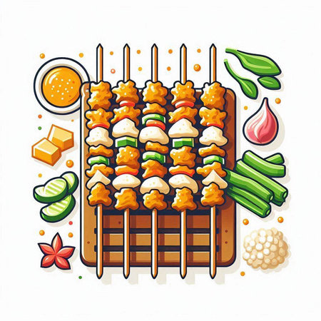 Skewers of meat and vegetables on skewers. Vector illustrationのイラスト素材