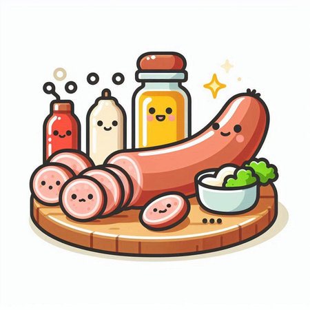 Illustration of a kawaii sausage with rice and cheese on a white backgroundのイラスト素材