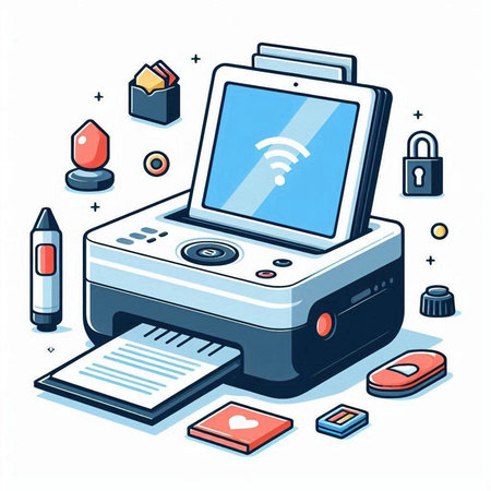 Vector isometric illustration of printer, tablet PC and mobile phone.のイラスト素材
