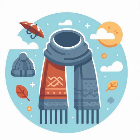 Vector illustration of winter scarf and hat on white background. Flat style.のイラスト素材