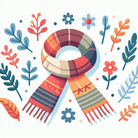 Colorful scarf with flowers and leaves. Vector illustration in flat style.のイラスト素材