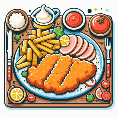 Illustration of a hamburger and french fries on a wooden boardのイラスト素材