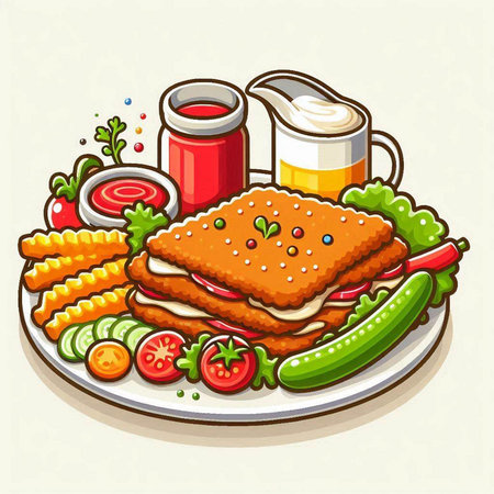 Illustration of a plate of breaded pork chop with vegetables and sauceのイラスト素材