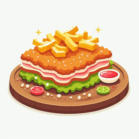 Sandwich with french fries and vegetables. Vector illustration of fast food.のイラスト素材
