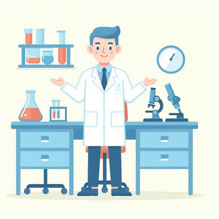 Scientist working in laboratory. Vector illustration in flat style. Cartoon character.のイラスト素材