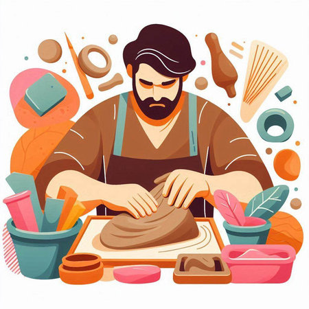 Handsome man in apron kneading clay. Vector illustrationのイラスト素材