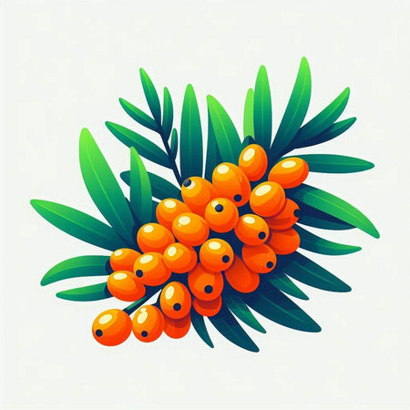 Branch of sea buckthorn berries with leaves. Vector illustration.のイラスト素材