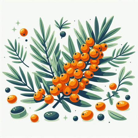 Sea buckthorn berries with green leaves and berries. Vector illustration.のイラスト素材
