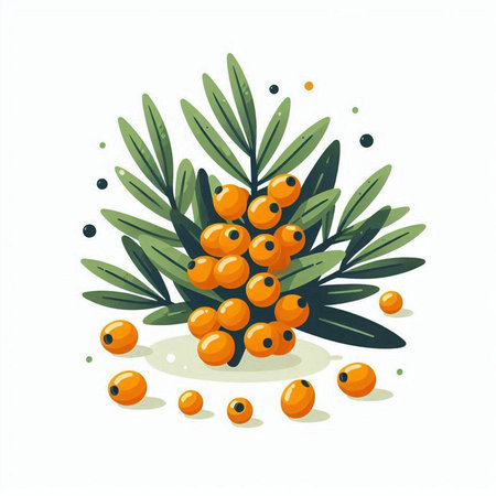 Sea buckthorn berries with leaves and berries. Vector illustration.のイラスト素材