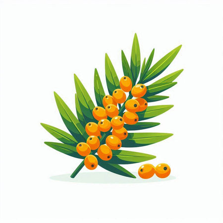 Sea buckthorn branch with berries and leaves. Vector illustration.のイラスト素材