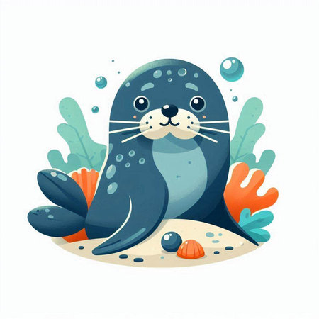 Cute cartoon seal. Vector illustration of a seal with seaweed.のイラスト素材