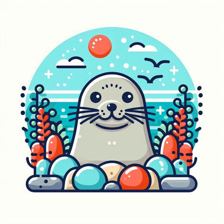 Cute seal on the seashore. Vector illustration in cartoon style.のイラスト素材