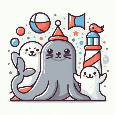 Cute seal on the background of the sea. Vector illustration.のイラスト素材