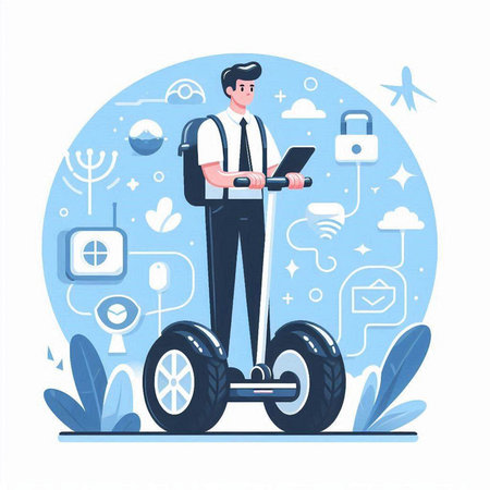 Eco transport concept. Young man rides on self-balancing electric scooter. Modern flat vector illustration.のイラスト素材