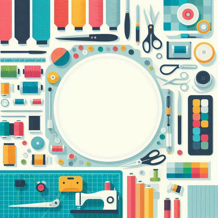 Sewing and needlework background with tools and accessories. Vector illustration.のイラスト素材