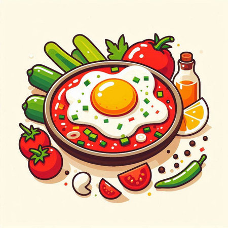 Fried egg in tomato sauce with fresh vegetables. Vector illustration.のイラスト素材