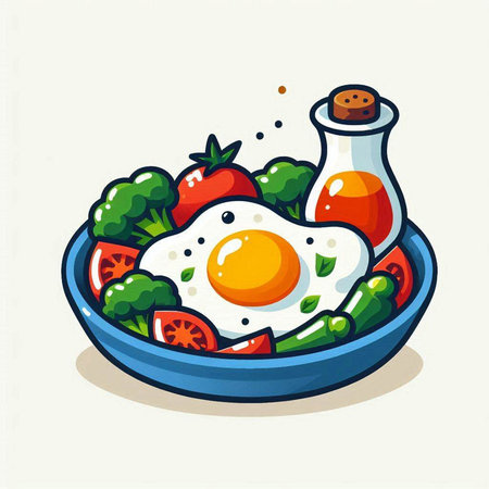 Fried egg with vegetables in bowl. Vector illustration of healthy food.のイラスト素材