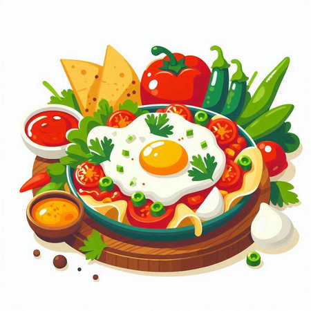 Fried eggs with vegetables and spices on a plate. Vector illustration.のイラスト素材