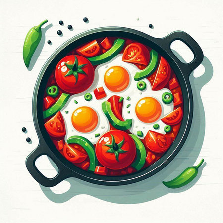 Illustration of fried eggs with tomatoes and peppers in a frying panのイラスト素材