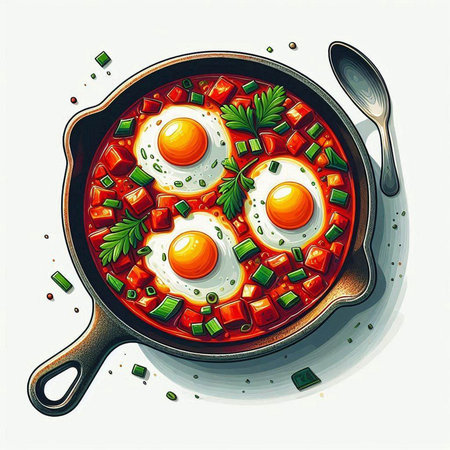 Fried eggs with vegetables in a frying pan. Vector illustration.のイラスト素材