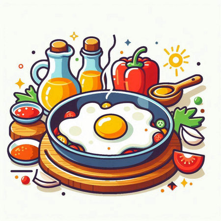 Fried eggs in a frying pan with vegetables and spices. Vector illustration.のイラスト素材