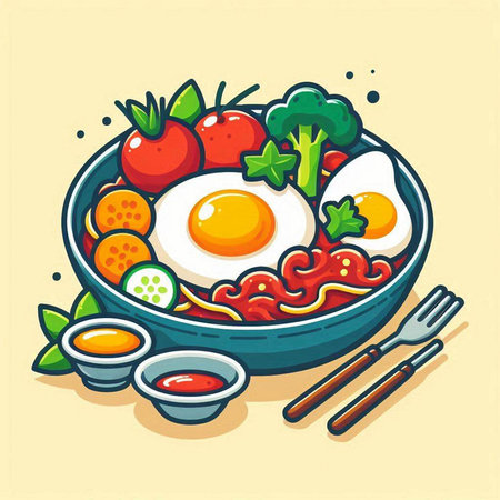 Vector illustration of a bowl of healthy breakfast with fried eggs and vegetablesのイラスト素材