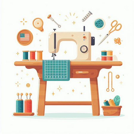 Sewing workshop. Sewing machine, tools and accessories. Vector illustrationのイラスト素材