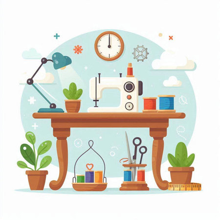 Sewing tools and accessories. Vector illustration in flat style.のイラスト素材