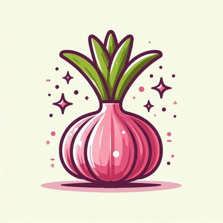Illustration of a pink onion with green leaves on a light backgroundのイラスト素材